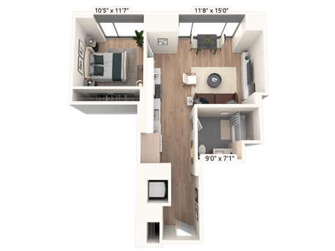 Floor plan for 1 bed, 1 bath, 650 sqft